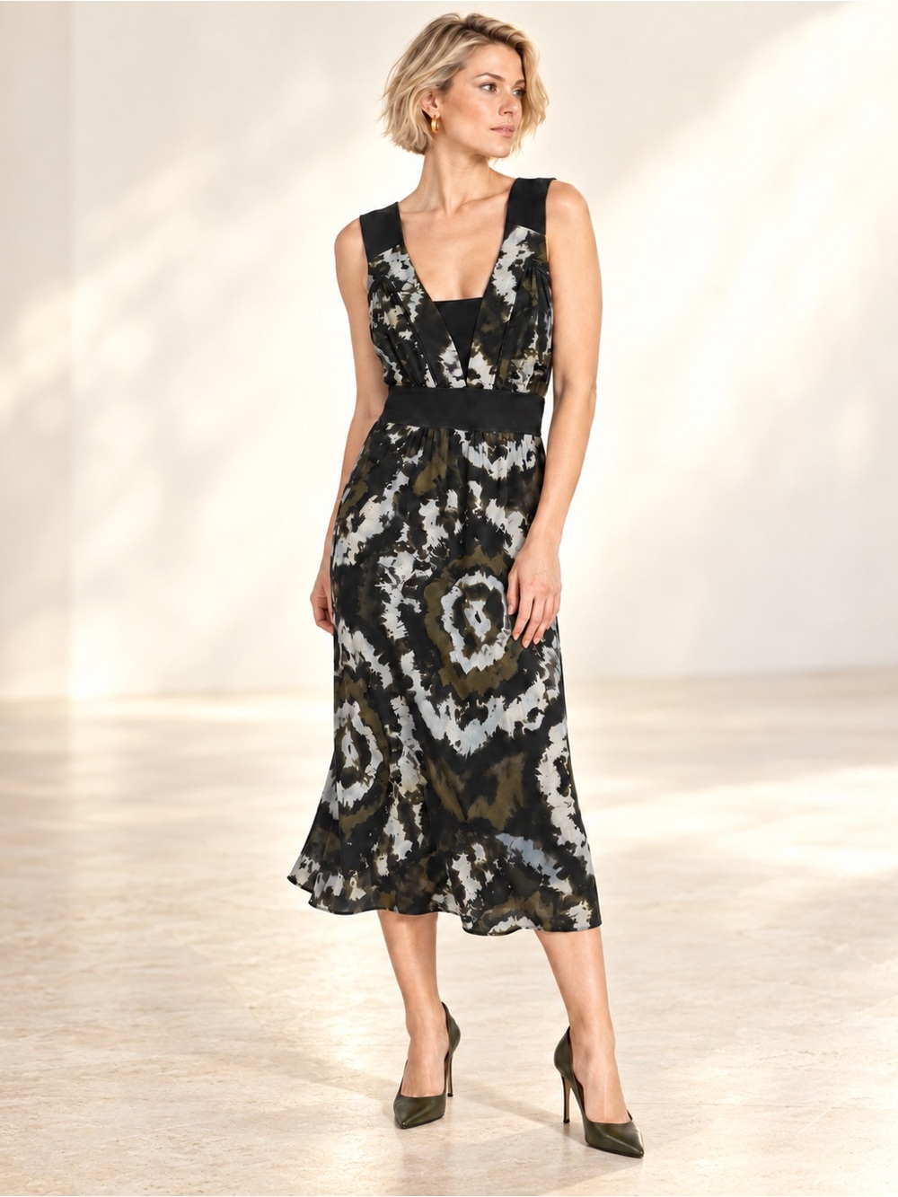 Iris Setlakwe Abstract Print Layered V-Neck Midi Dress Olive Green Blue Sky Sz S